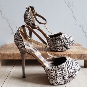Sam Edelman Heels Womens 7M Leopard Mckenna Peep Toe Platform T Strap